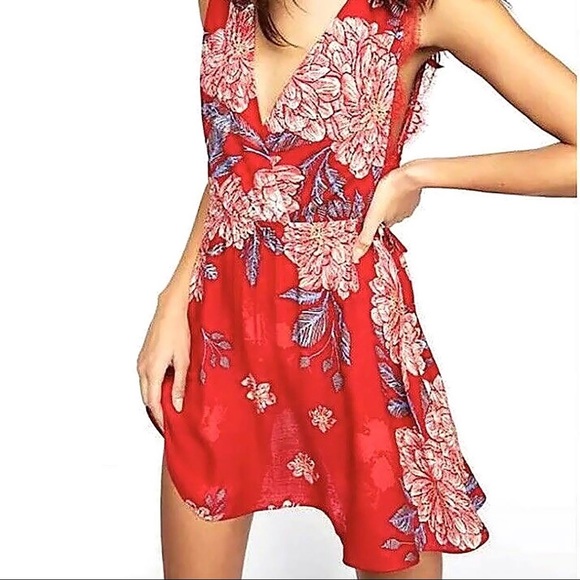 NWT Free People Floral Print Mini Red Dress - Picture 6 of 7
